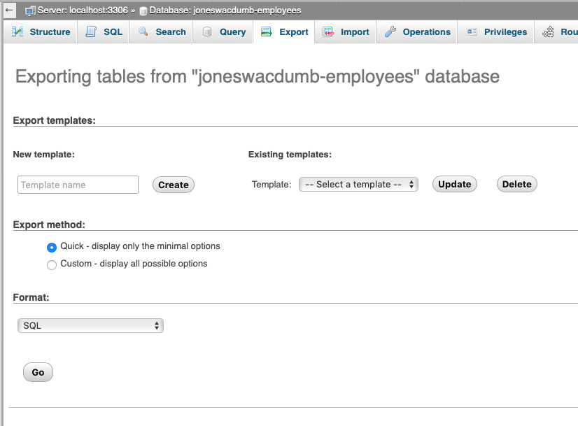The Export controls from phpMyAdmin.